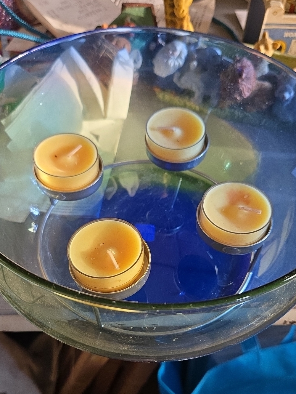 PartyLite Blue Glass Tea Light Dish with Yellow Tea Lights